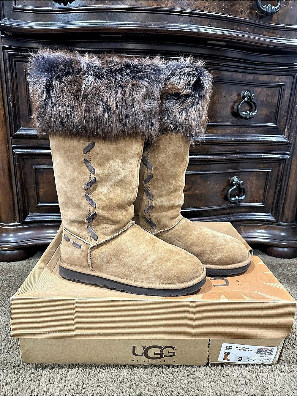 UGG Rosana Tall Fur Boots Brown US 9